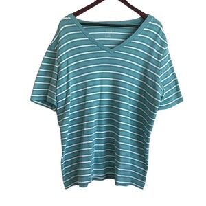 Hasting  & Smith Women Cotton Top‎ 2X Green Striped Short Sleeve Casual Relaxed